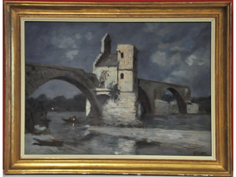 Hyacinthe ROYET (XIXe-XXe siècle) : Le pont Saint Benezet au clair de lune.  Huile sur carton signée en bas à droite.  Dim.: 37x51 cm.