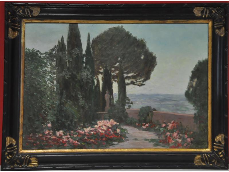 Hyacinthe ROYET (XIXe-XXe siècle) : La terrasse fleurie.  Huile sur carton signée en bas à droite.  Dim.: 39x56 cm.