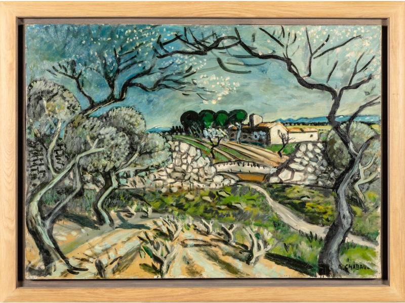 Auguste CHABAUD (1882-1955) : Les amandiers en fleurs au mas Martin. 1930. Huile sur toile signée en bas à droite.  Dim. : 76x105.5 cm.  Reproduit au catalogue de l'exposition 