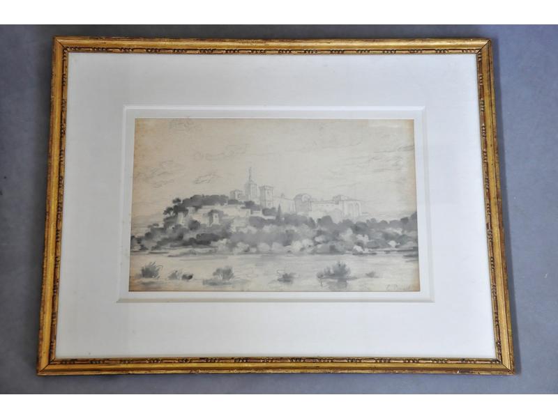 E. BOIZOT : Vue d'Avignon.  Dessin à la mine de plomb et au fusain.  Dim.: 21.5x34.5 cm.