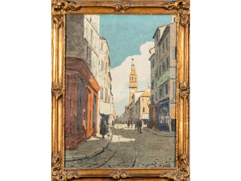 François OMER (1885-?) : Place Carnot et rue Carreterie à Avignon.  Huile sur toile signée en bas à droite.  Dim.: 73x54 cm.