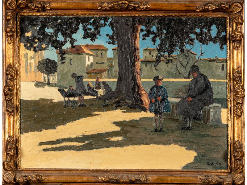 François OMER (1885-?) : A l'ombre des arbres.  Huile sur toile signée en bas à droite.  Dim.: 54x73 cm.