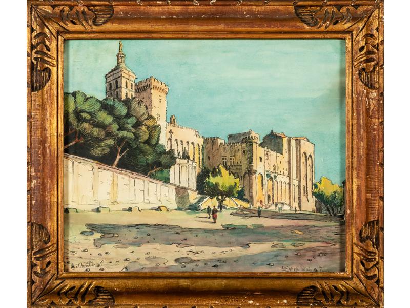 Alex-Charles CHARTIER (1894-1957) : Avignon, le Palais des Papes, et Avignon, le Pont Saint Benezet. Paire de gouaches signées en bas à gauche et titrées.  Dim.: 46x55 cm.