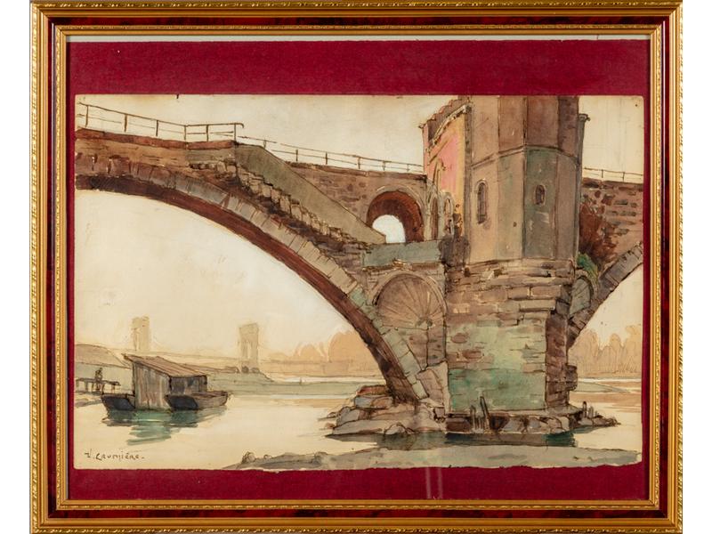 Victor CRUMIERE (1895-1950) : Le pont Saint Benezet.  Aquarelle signée en bas à gauche.  Dim.: 31.5x47.5 cm.