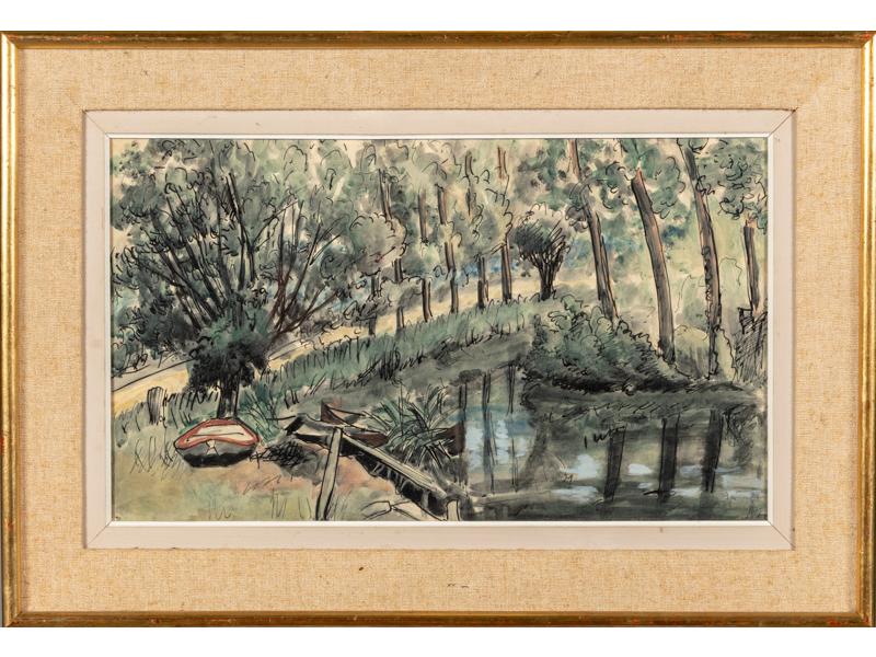 Albert WEINBAUM (1890-1943) : Le marais - Giverny.  Aquarelle et encre noire signée en bas à droite, située et datée 1937.  Dim.: 29x50 cm.