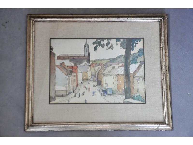 Gaston BALANDE (1880-1971) : Rue de village animé. Aquarelle signée en bas à droite.  Dim.: 18x26 cm.