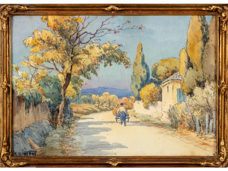 A. VINCENT : Sur un chemin en Provence.  Deux aquarelles signées en bas à gauche.  Dim.: 39x56 cm.