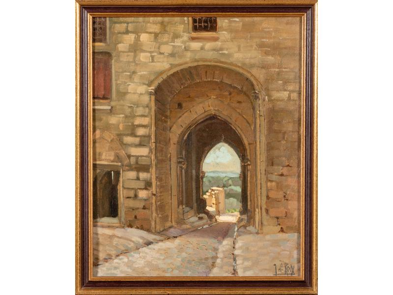 Jean Constantin ROUX : Sortie par le porche du Fort Saint André. Huile sur carton signée en bas à droite. Dim.: 41x33 cm.