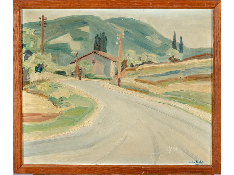 André RODET (1912-2004) : Paysage. Huile sur carton signée en bas à droite et datée 1964 en bas à droite. Dim.: 37x45cm. Musées Vouland (4) Palais du Roure, Calvet, Valréas, Bagnols-sur-Cèze