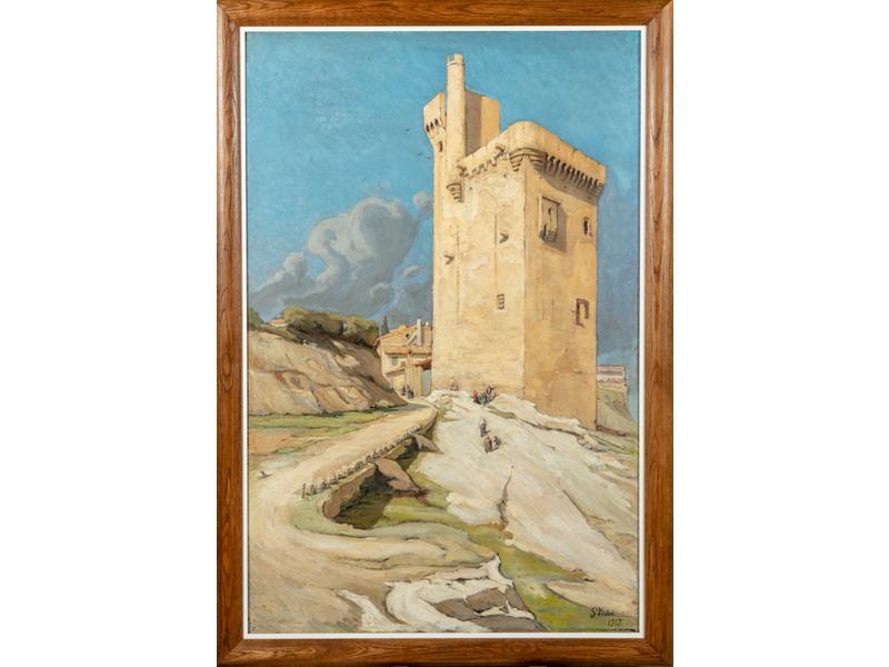 Gustave VIDAL (1895-1966) : La tour Philippe Le Bel à Villeneuve les Avignon.  Grande huile sur toile signée en bas à droite et datée 1915.  Dim.: 160x105 cm.  Au dos une étude du même tableau au fusain.