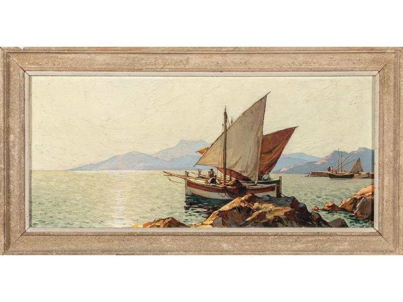 Gustave VIDAL (1895-1966) : Voiles le soir à contrejour.  Huile sur toile signée en bas à droite.  Dim.: 40x90 cm.