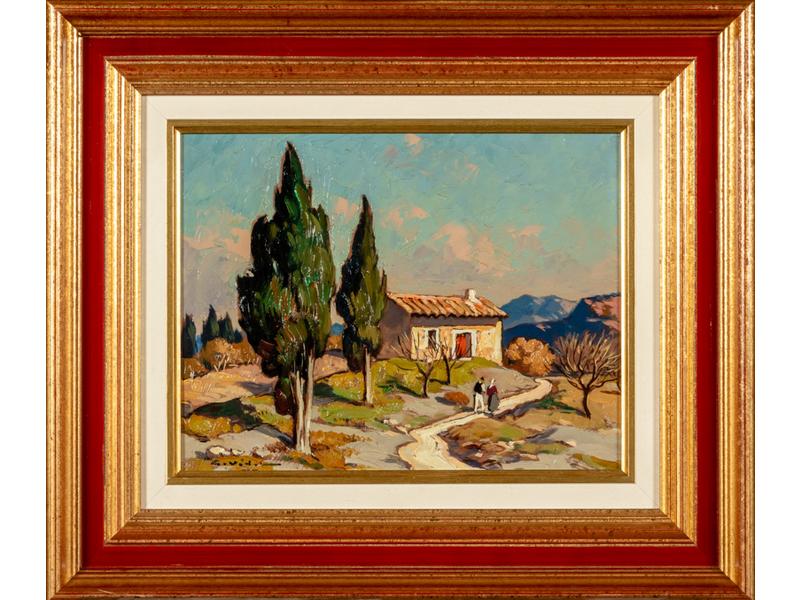 Gustave VIDAL (1895-1966) : Le mazet en Provence.  Huile sur isorel signée en bas à gauche.  Dim.: 24x31 cm.