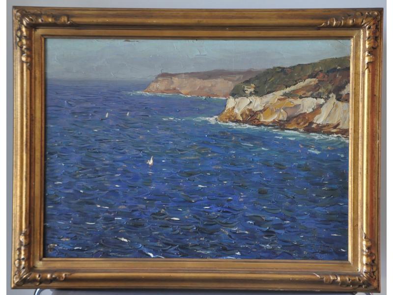 Gustave VIDAL (1895-1966) : Marine, presqu'île de Giens (Var).  Huile sur panneau signée en bas à droite, située au dos.  Dim.: 33x46 cm.