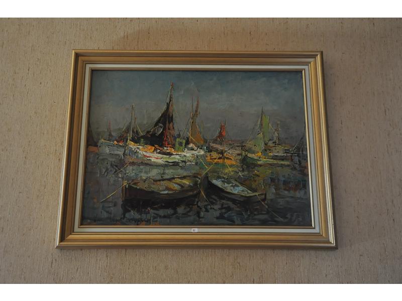 Jacques VAN DEN BUSSCHE (1925) : Les barques de pêche.  Huile sur panneau signée en bas à gauche.  Dim.: 54x73 cm.