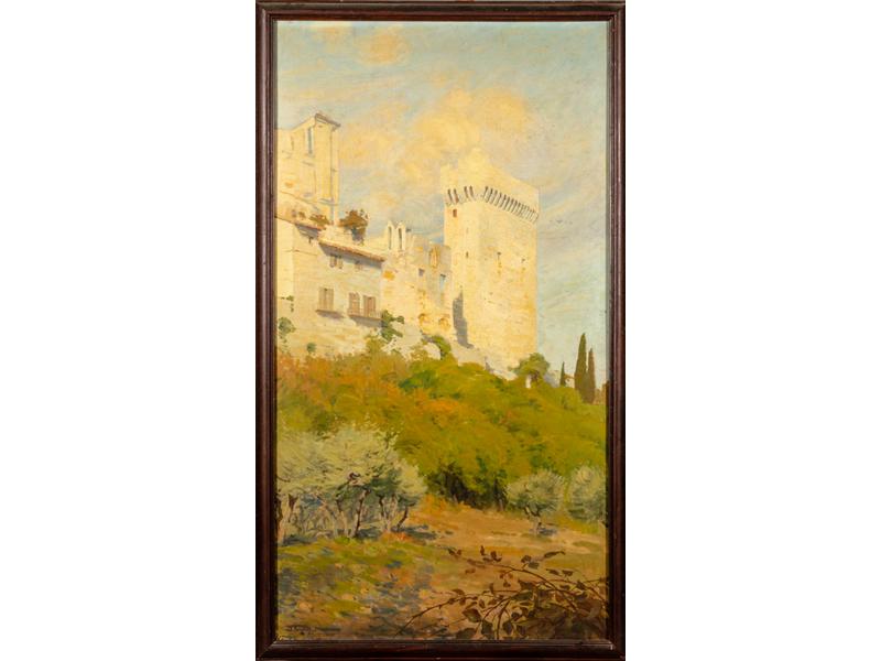 Alfred BERGIER (1881-1971) : L'Abbaye de Montmajour.  Grande huile sur toile signée en bas à gauche.  Dim.: 166x92 cm.