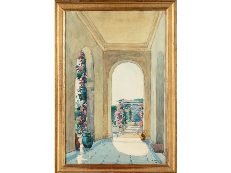 Alfred BERGIER (1881-1971) : Les pergolas.  Paire d'aquarelles dont une signée en bas à droite.  Dim.: 57x37.5 cm.