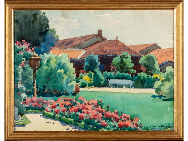 Alfred BERGIER (1881-1971) : Le jardin.  Aquarelle signée en bas à droite.  Dim.: 28x37.5 cm.