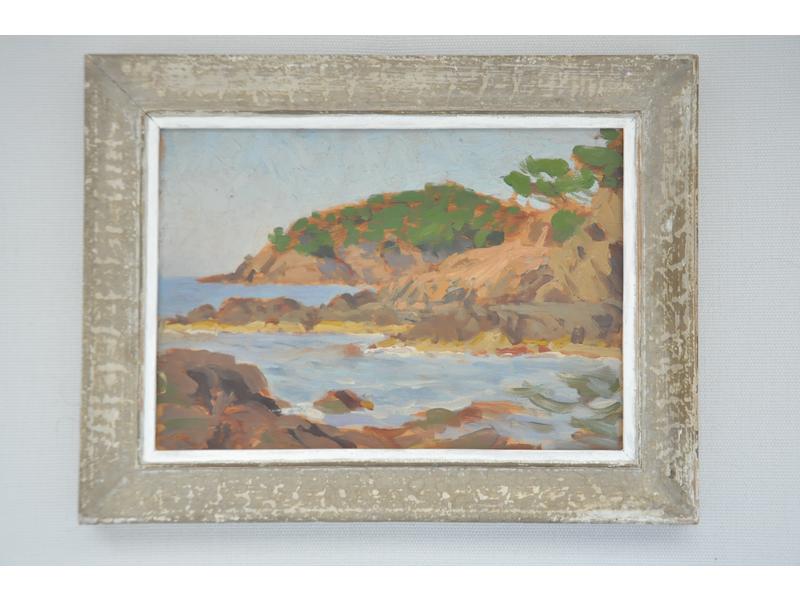 Alfred BERGIER (1881-1971) : Bord de mer. Huile sur panneau, étiquette d'atelier au dos.  Dim.: 20x26.5 cm.
