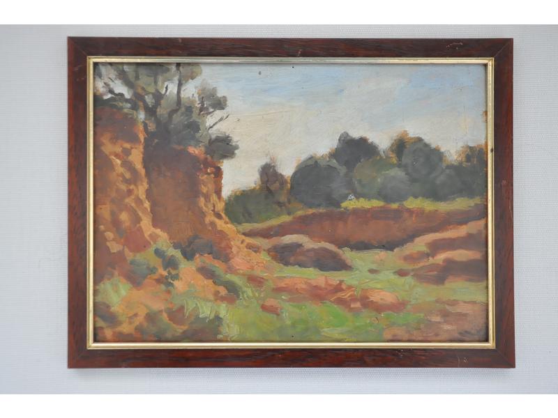 Alfred BERGIER (1881-1971) : Paysage de Roussillon. Huile sur panneau, étiquette d'atelier au dos.  Dim.: 23.5x33 cm.