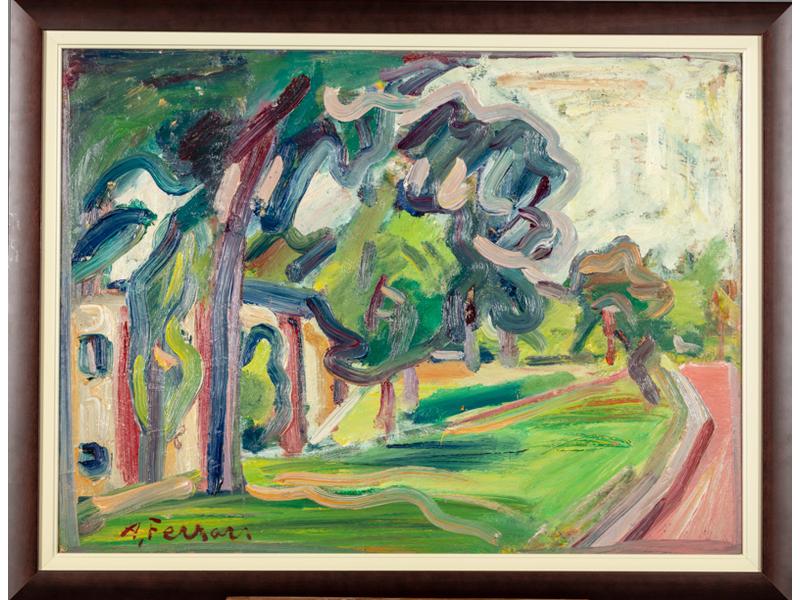 Antoine FERRARI (1910-1995) : Coin de parc à Gréoux.  Huile sur isorel signée en bas à gauche, titrée et contresignée au dos.  Dim. : 60x81 cm.