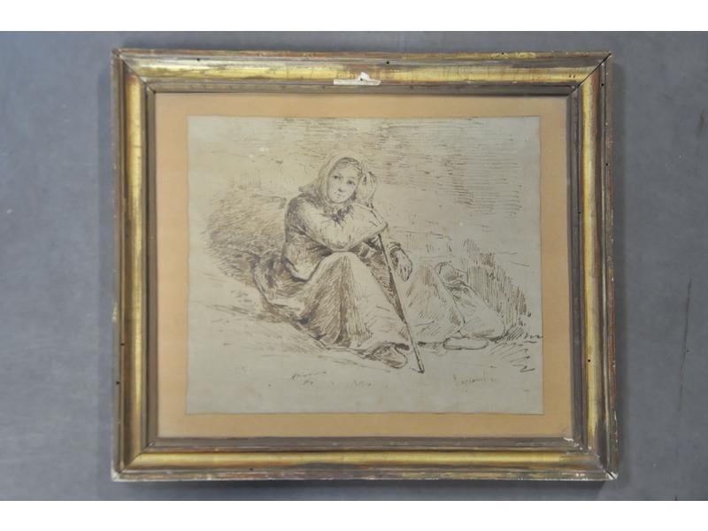 Pierre LAPLANCHE (1804-1882): Jeune bergère. Encre et lavis, signé en bas à droite. Dim.: 20,5x23,5cm