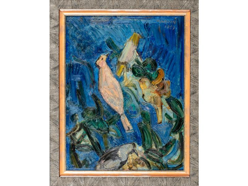 Richard MANDIN (1909-2002) : Les oiseaux.  Huile sur toile signée en haut à droite et datée 1957.  Dim.: 65x50 cm.  Inscrit au catalogue raisonné.