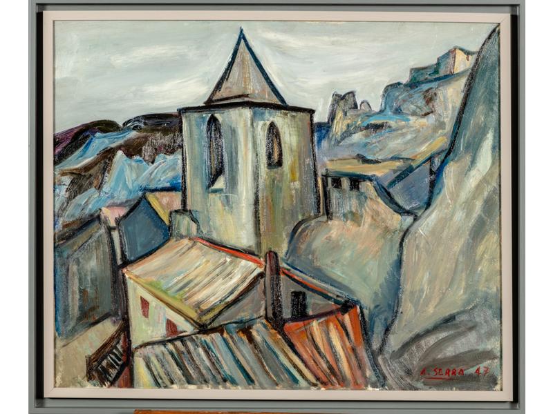 Antoine SERRA (1908-1995) : Le clocher des Baux de Provence.  Huile sur toile signée en bas à droite et datée 47.  Dim.: 58x72 cm.