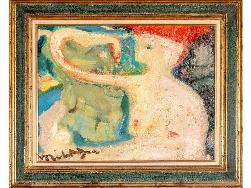 Edgar MELIK (1904-1976) : Personnage ou Légende de léda.  Huile sur carton signée en bas à gauche.  Dim.: 47x61.5 cm.  Inscription au dos : 
