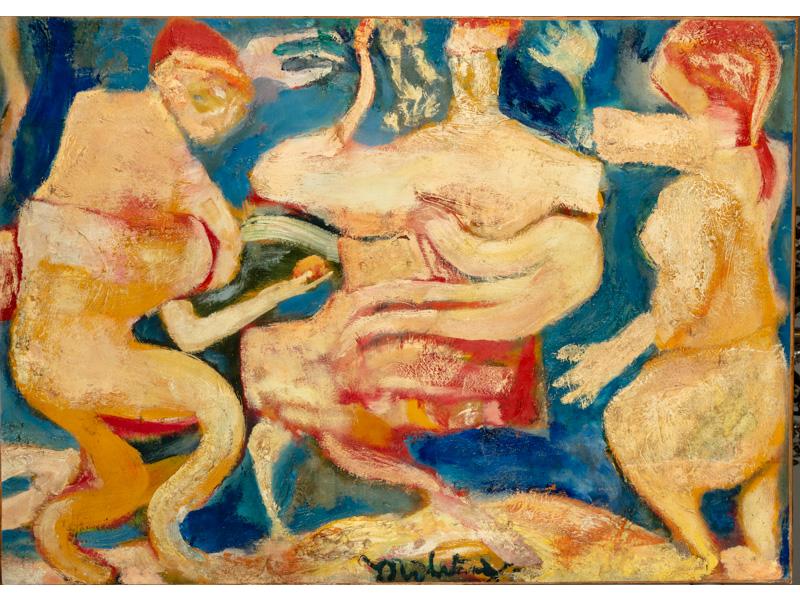 Edgar MELIK (1904-1976) : Trois personnages.  Huile sur toile signée en bas au milieu.  Dim. : 72x101 cm.