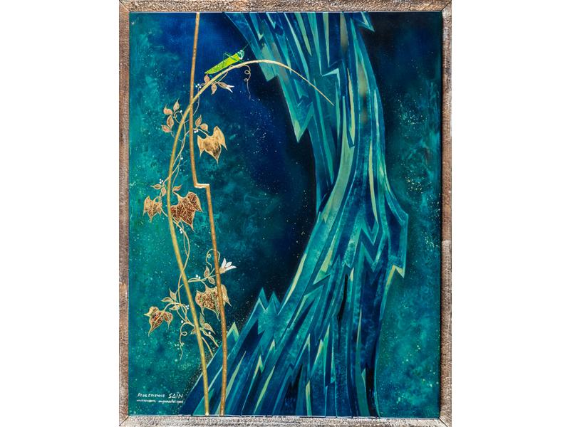 Paul-Etienne SAIN (1904-1995) : Le criquet ou Mareriam superalat opus.  Panneau de laque signé en bas à gauche et titré avec copie au dos d'un envoi de l'artiste.  Dim.: 65x50 cm.