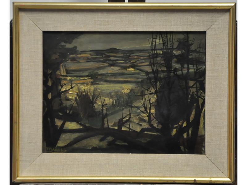 Louis TRABUC (1928-2008) : Vue à travers le sous bois.  Huile sur toile signée en bas à gauche.  Dim.: 27.5x35 cm. (petit repeint côté droit)