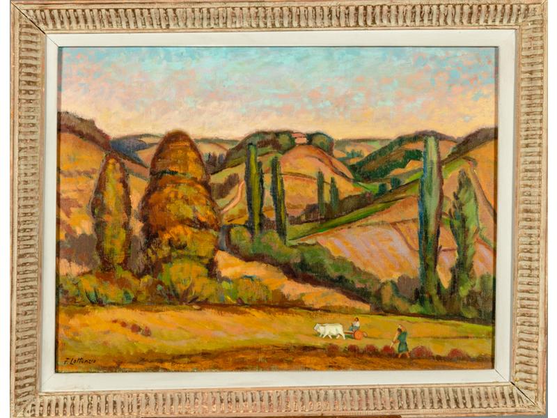 Filandro LATTANZIO (c.1908-1986) : Les foins.  Huile sur toile signée en bas à gauche.  Dim.: 54x73 cm.