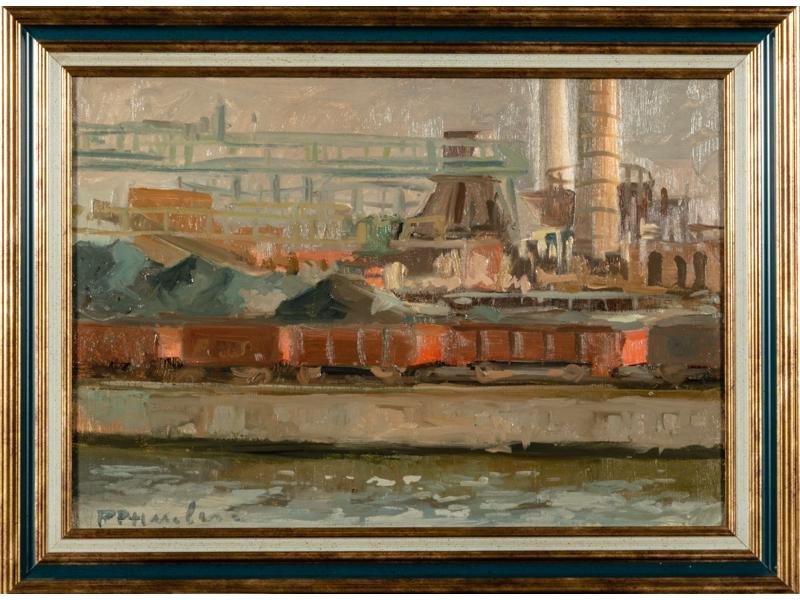 Pierre-Paul HUEBER (1929-2006) : L'usine.  Huile sur toile signée en bas à gauche.  Dim.: 38x55 cm.