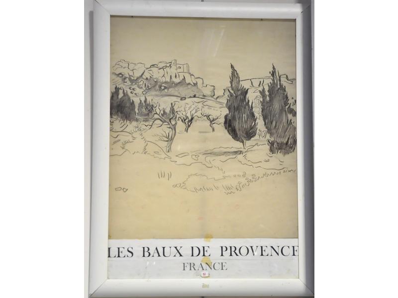 Pierre-Paul HUEBER (1929-2006) : Les Baux de Provence.  Mine de plomb sur papier calque, projet d'affiche.  Dim.: 59x49 cm.