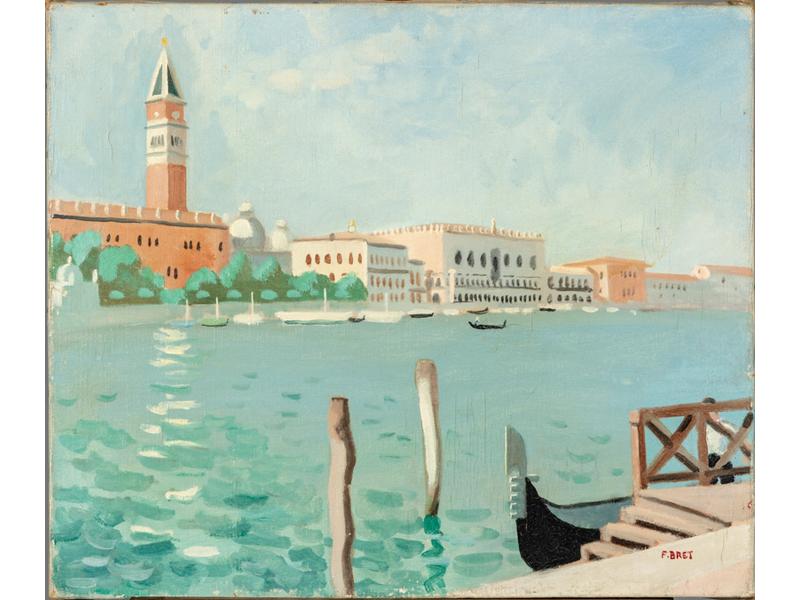 François BRET (1918-2004) : Venise.  Huile sur toile signée en bas à droite.  Dim.: 46x55 cm. (sans cadre)