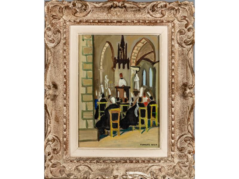 François BRET (1918-2004) :La messe en Bretagne.  Huile sur toile signée en bas à droite.  Dim.: 32x24 cm. (déchirure et rapiéçage au centre)