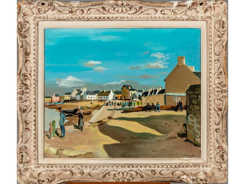 François BRET (1918-2004) : Le port breton.  Huile sur toile signée en bas à droite.  Dim.: 54x65 cm.