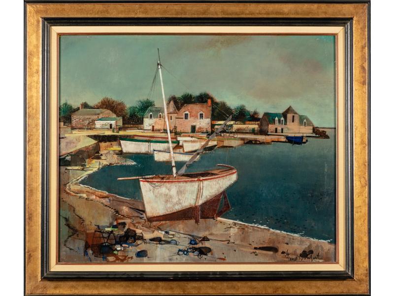 Robert VERNET BONFORT (1934-) : Le port de Ploumanac'h.  Huile sur toile signée en bas à droite, titrée et contresignée au dos.  Dim.: 60x74 cm.