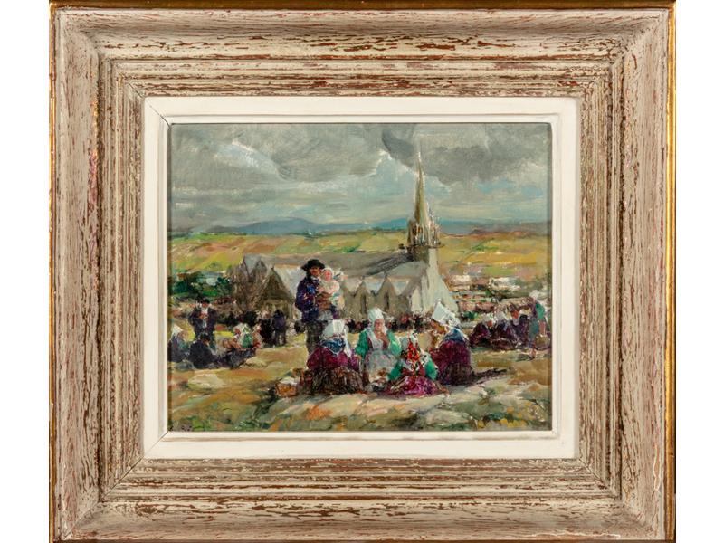 Emile SIMON (1890-1976) : Le jour des Plougastels, Pardon de Sainte Anne.  Huile sur contreplaqué signée en bas à gauche.  Dim.: 22x27 cm.