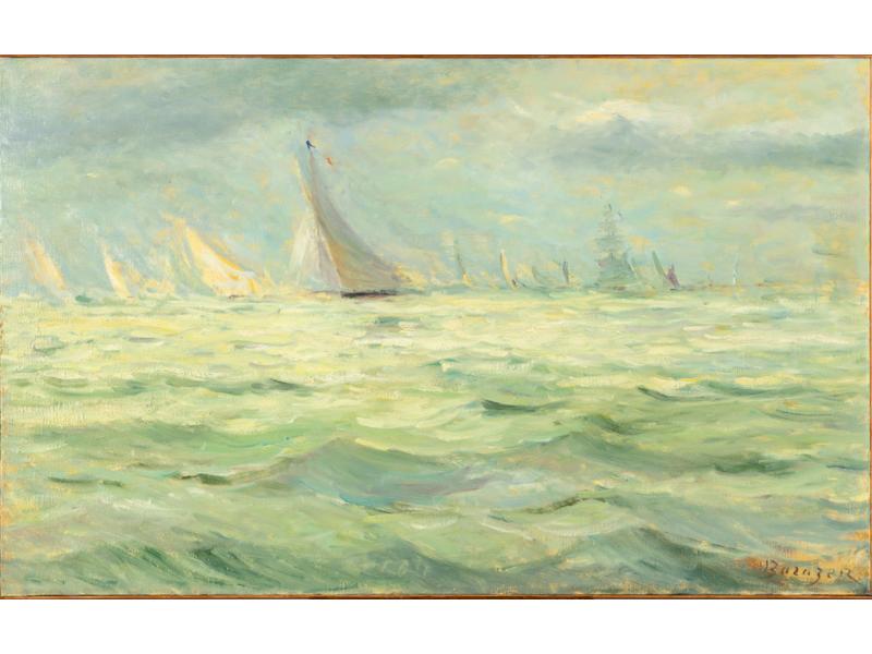 BARAZER (XXe siècle) : Les voiliers.  Huile sur toile signée en bas à droite.  Dim.: 81x130 cm.