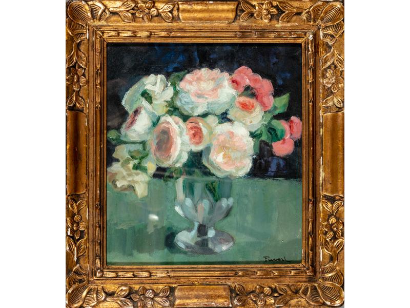 Ecole XXe siècle : Petit bouquet de roses.  Huile sur papier signée en bas à droite.  Dim.: 33x29 cm.