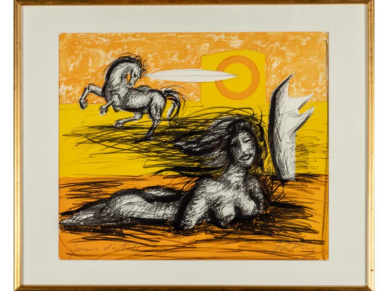 Franz PRIKING (1929-1979) : Femme et cheval.  Lithographie couleur, épreuve d'artiste, signée en bas à droite au crayon.  Dim.: 48x57 cm.