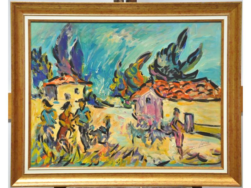Claude LUCA  (1939) : Les Arlésiennes dans un paysage.  Acrylique sur carton signée en bas à droite et avec cachet d'atelier.  Dim.: 50x65 cm.