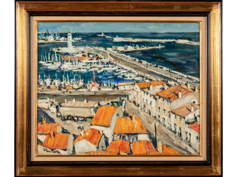 BATTISTA (1933) : Le port de Sète.  Huile sur contreplaqué signée en bas à gauche.  Dim.: 50x61 cm.