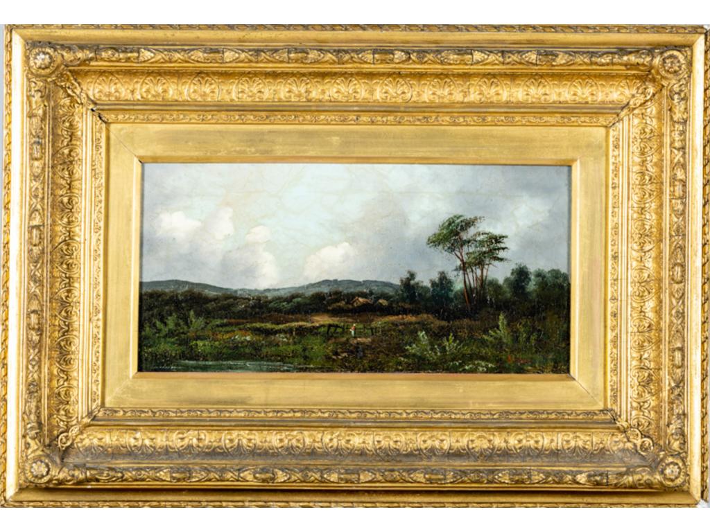 Ecole française fin XIX°: Paysages. Paire d'huiles sur toile (restaurées) dans des cadres en stuc doré (quelques éclats au stuc). Dim: 20x40cm.