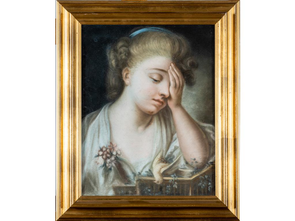 Ecole française fin XVIII°, deux pastels en pendant : « Jeunes filles aux oiseaux ». Dim: 40x31cm.