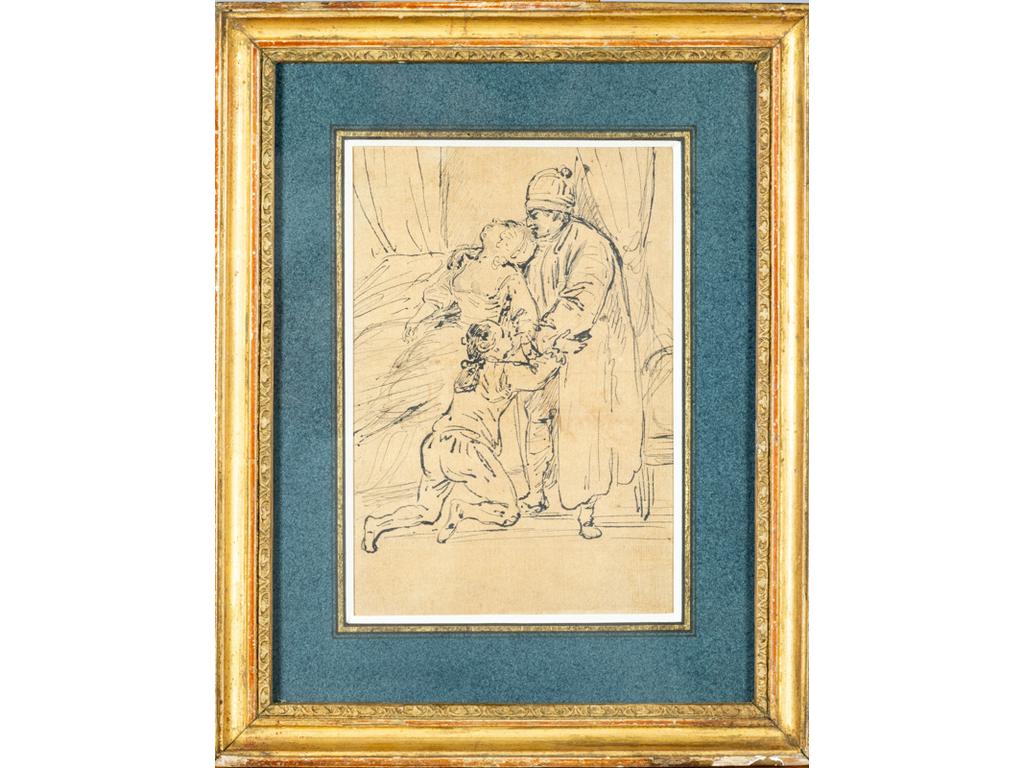 Ecole allemande du XVIIIe : Scène animée.19X13 cm  Encre brune. (3 personnages)