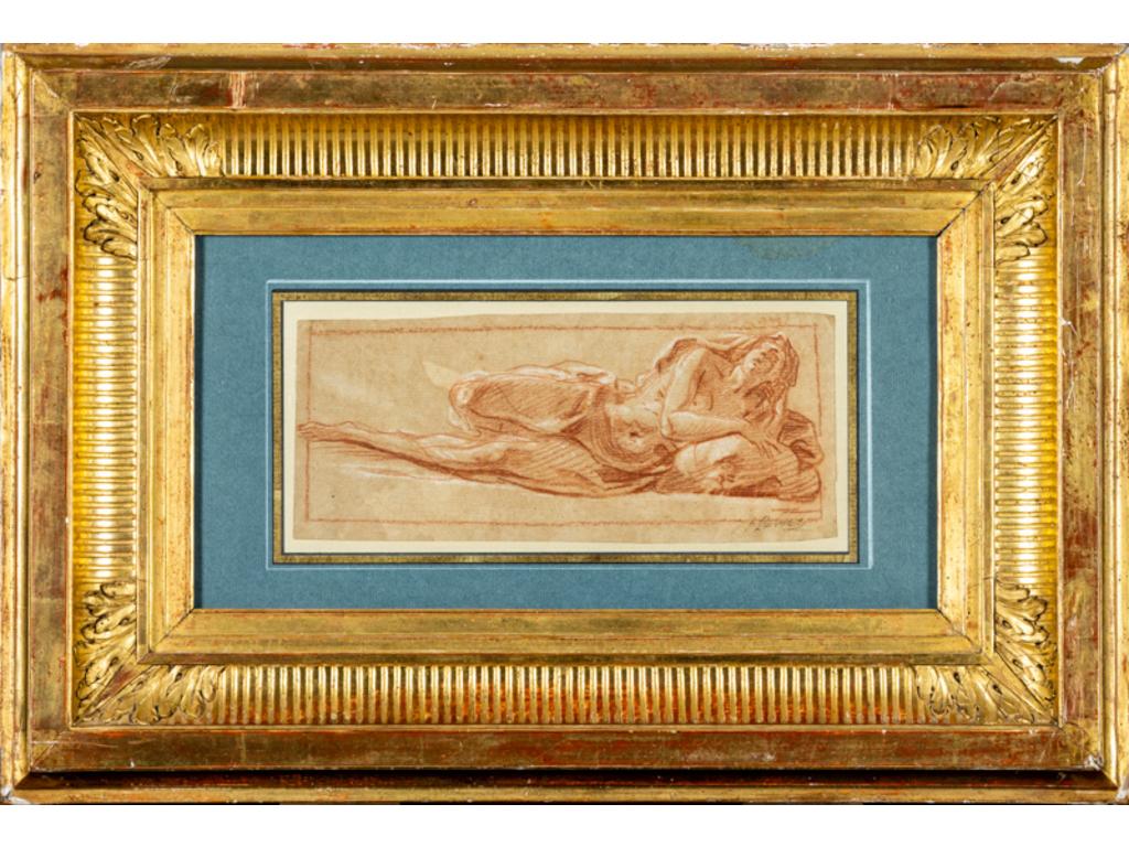 Joseph François PARROCEL (1704-1781) : Allégorie de la source. Sanguine et craie blanche signée en bas à droite. Provenance Collection Pierre Danglade. Dim : 11x25.5 cm.