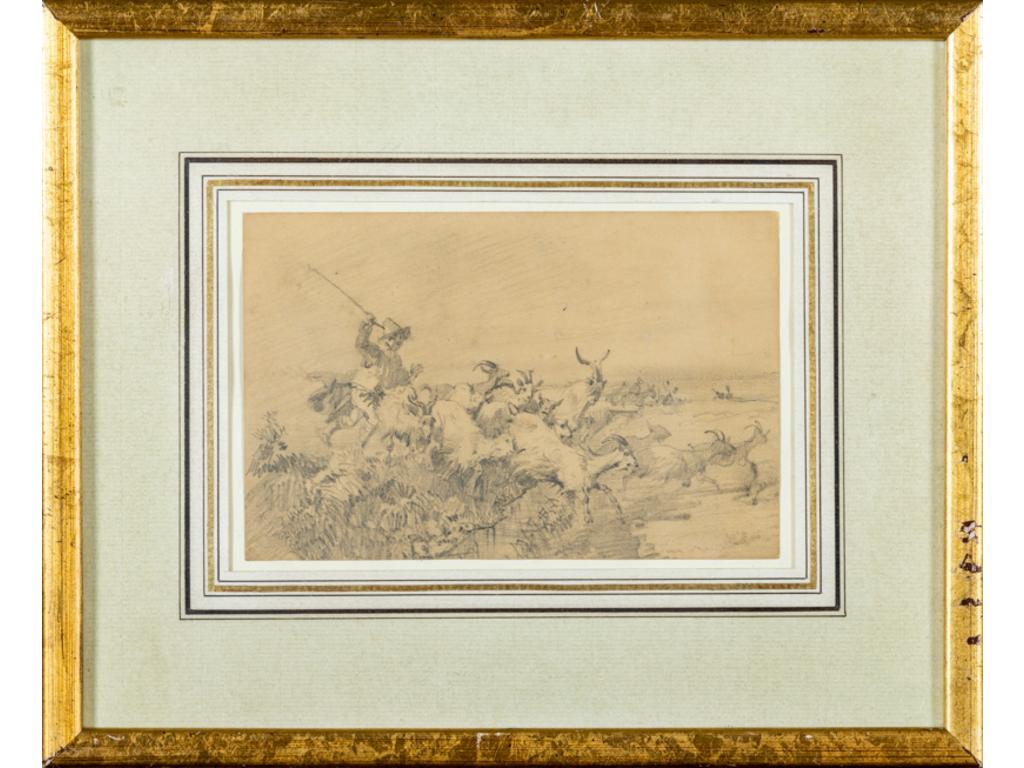 A. PALAZZI : berger et son troupeau. Dessin au crayon signé en bas à gauche. Dim : 11.8x18.2 cm.