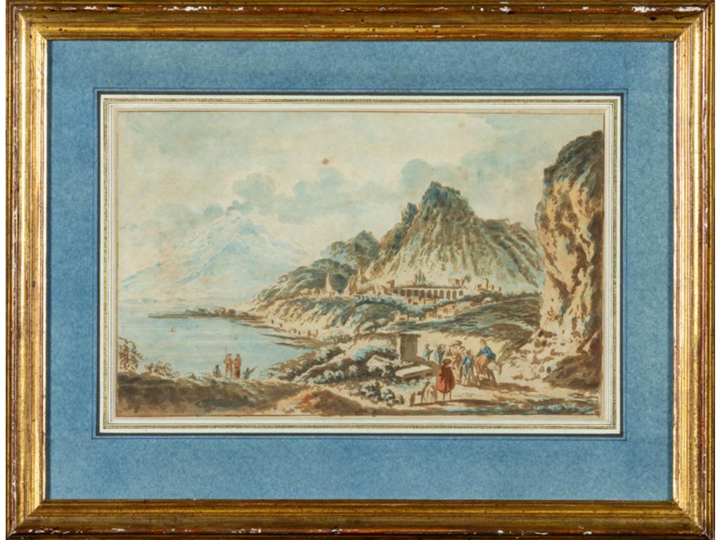 Claude CHATELET (1753-1794): Paysage de Sicile. Encre, lavis et aquarelle . Travail préparatoire pour la gravure, livre de voyage de l'abbé de Saint-Non. Dim : 21x33 cm.